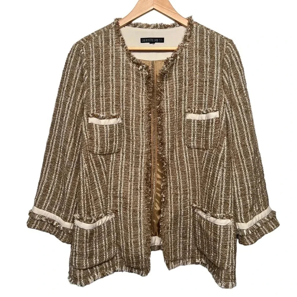 Lafayette 148 Textured Tan Tweed Blazer Jacket Pockets Fringe Trim Size 16